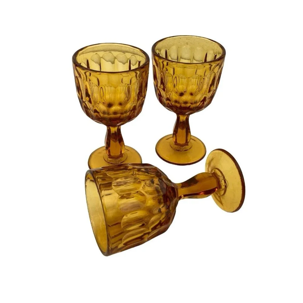 *3-Vintage Fenton Colonial Goblet Amber Glass MCM Thumbprint Mid Century